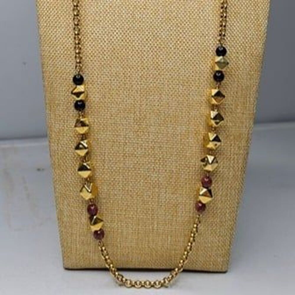 MONET Long Gold Tone Red Black and Gold Tone Beaded Necklace 39"L